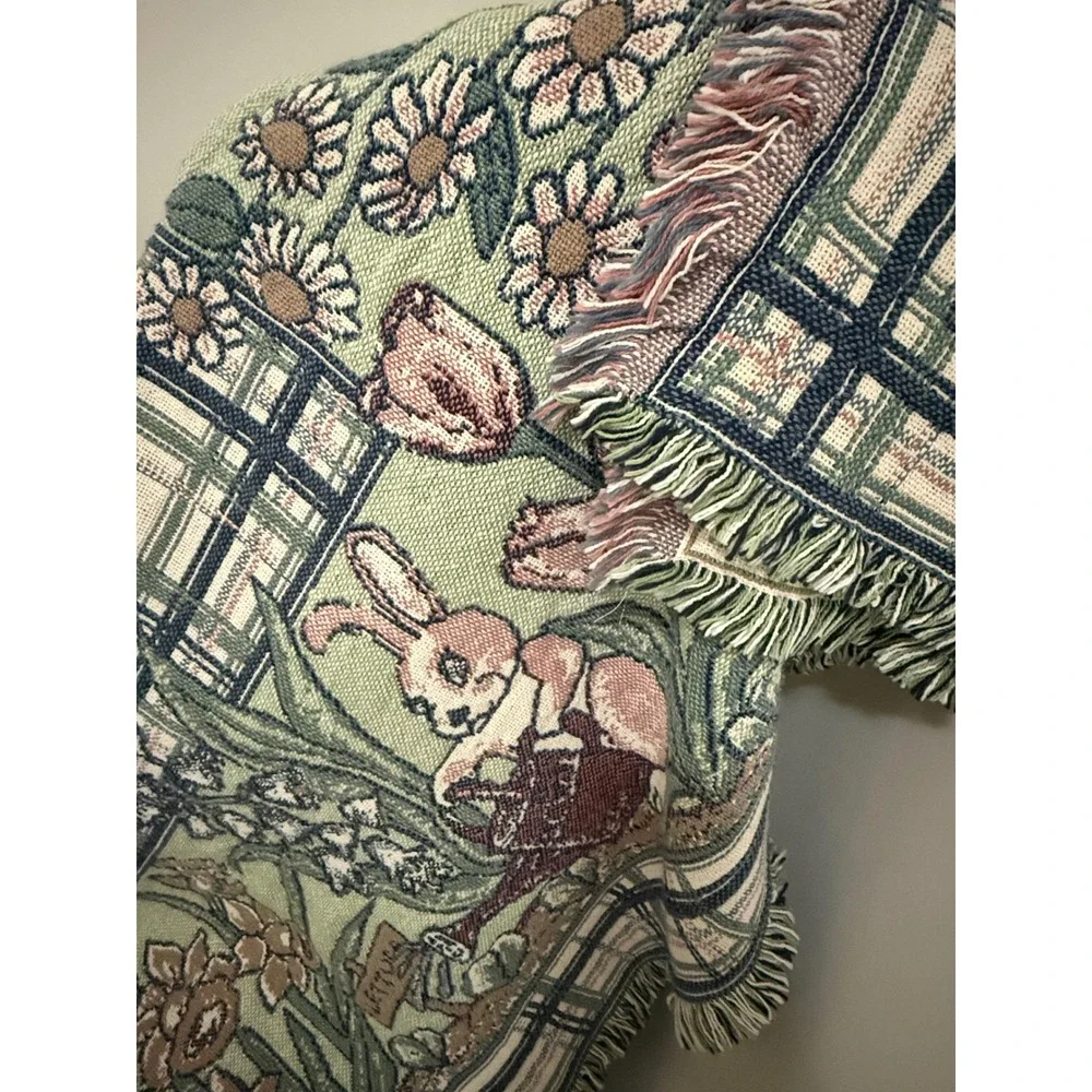 Beatrix Potter Peter Rabbit Woven Tapestry Throw Blanket Garden Sage Burgundy